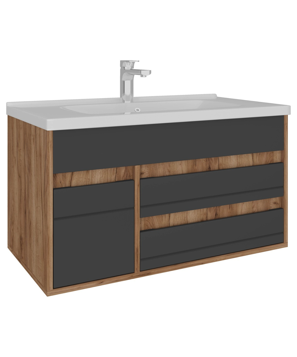 AVK2. Тумба навесная, 2 Ящика + 1 Дверь, 800, коллекция (Ирма, Cersanit Como, Дуб Крафт Золотой, Графит древесный)