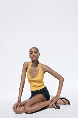 ZARA ТОП ИЗ РИФЛЕНОГО ТРИКОТАЖА, МАНДАРИНОВЫЙ