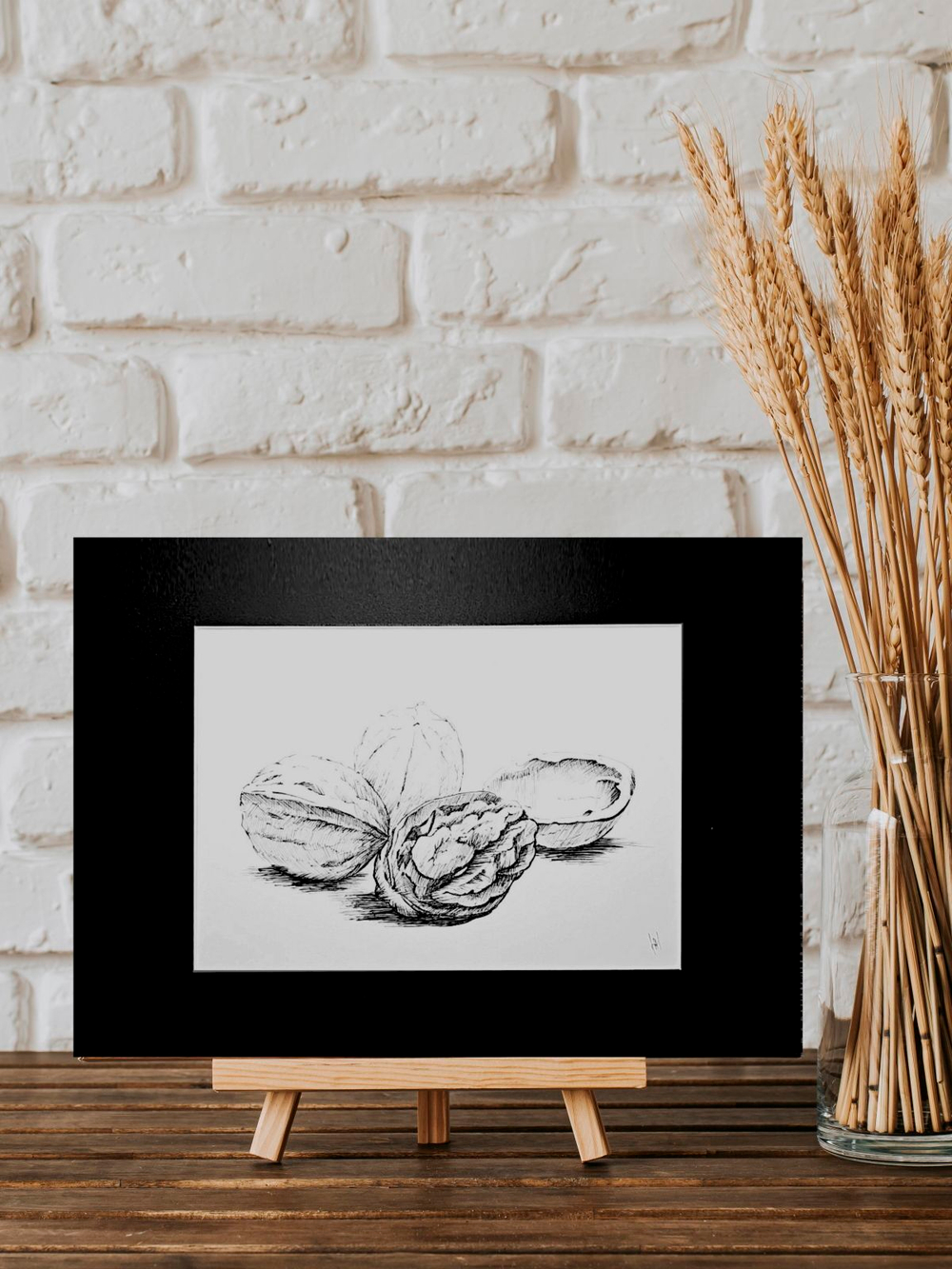 Картина, графика в паспарту 21х30 см на стену для интерьера "Грецкие орехи"