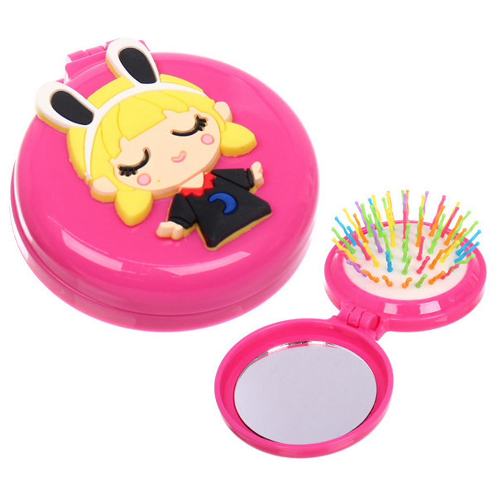 Расческа массажная детская складная «Barbariska», с зеркалом, Маргоша, разноцветные зубчики, цвет ярко - розовый, d-7см