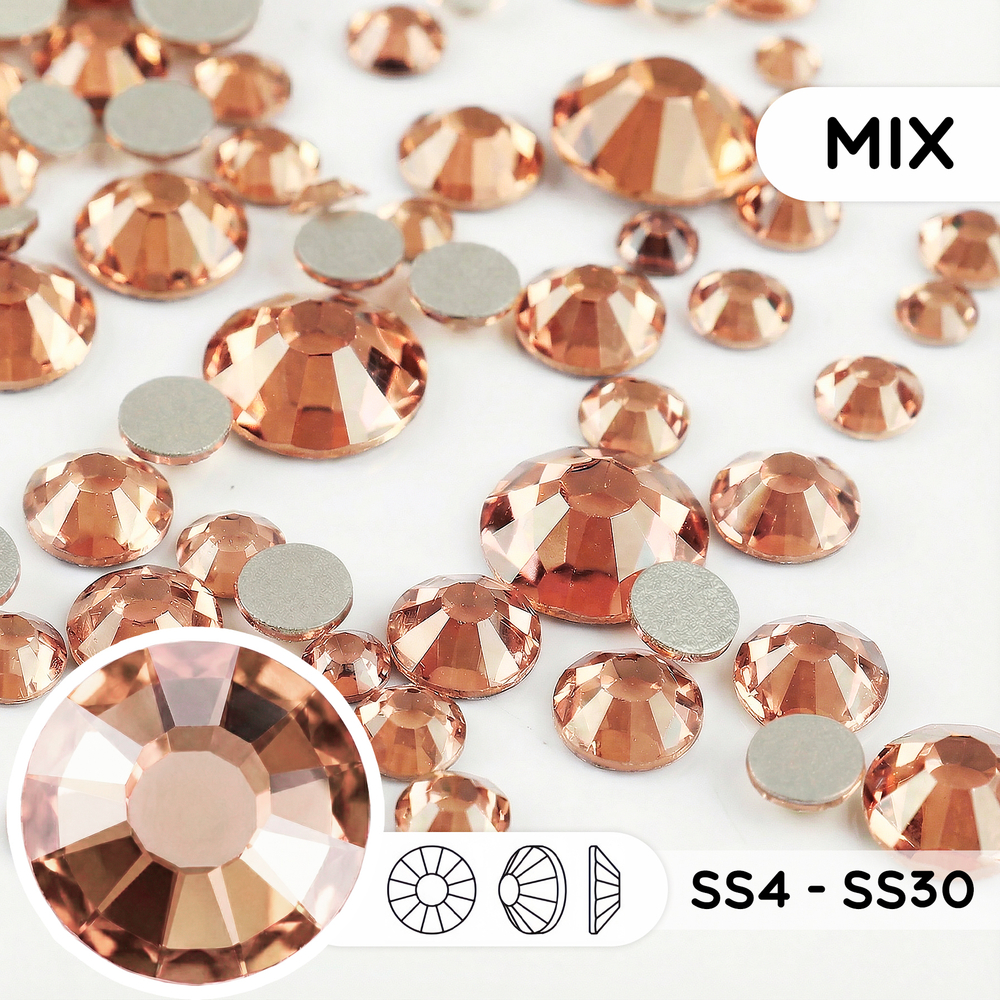 Стеклянные стразы холодной фиксации “Champagne” — микс размеров SS4–SS30