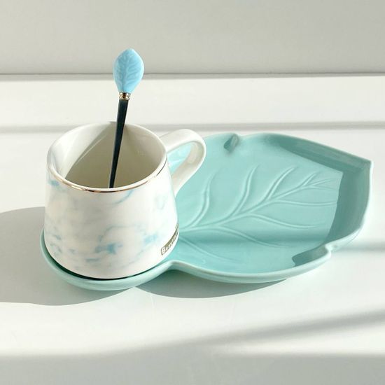 Чайная пара керамическая «Листочек», 320 мл, цвет голубой