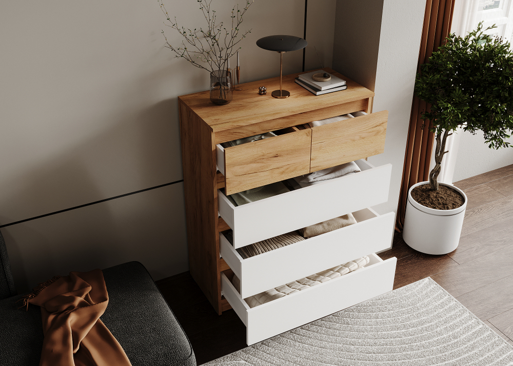 БОСТОН ЛАЙТ Комод КМ-001 Корпус - Дуб Крафт золотой К003  Фасад ЛДСП - Белый (Гладкий)