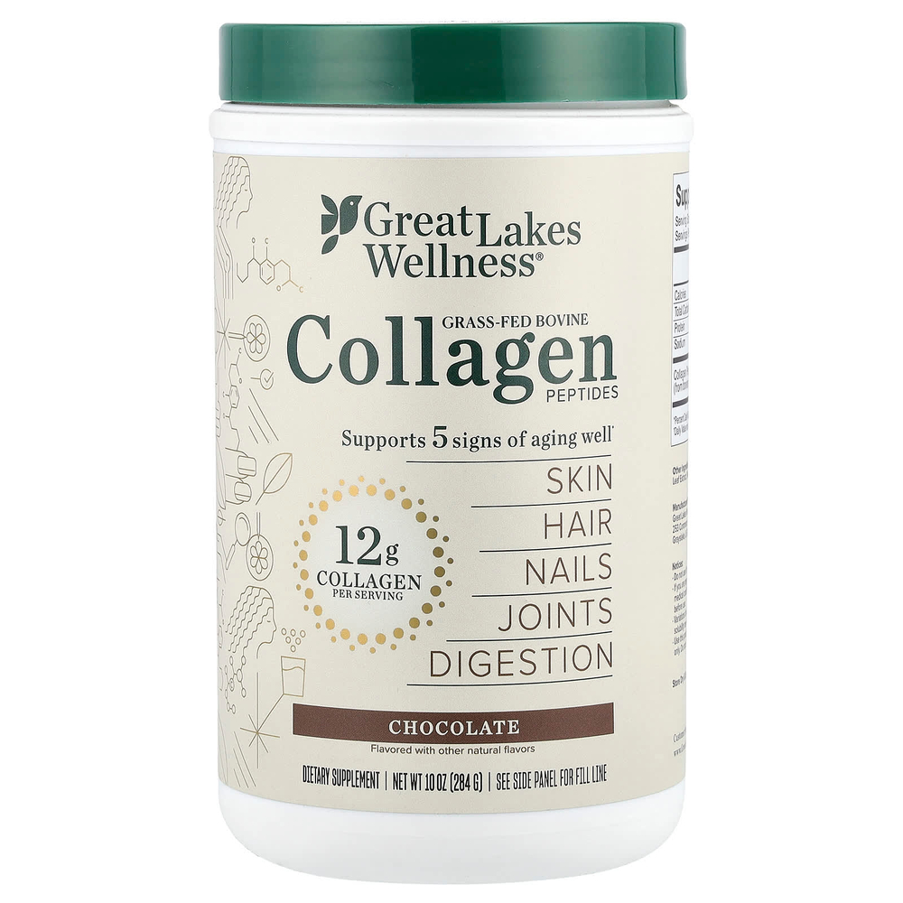 Great Lakes Wellness, Пептиды бычьего коллагена от травяного откорма, шоколад, 284 г (10 унций)