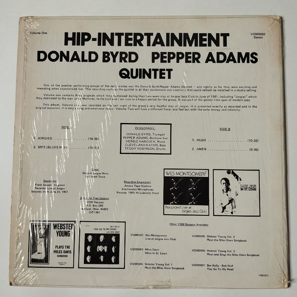 Винтажная виниловая пластинка LP Donald Byrd Pepper Adams Quintet Jorgie Hip Intertainment Volume One (USA 1981)