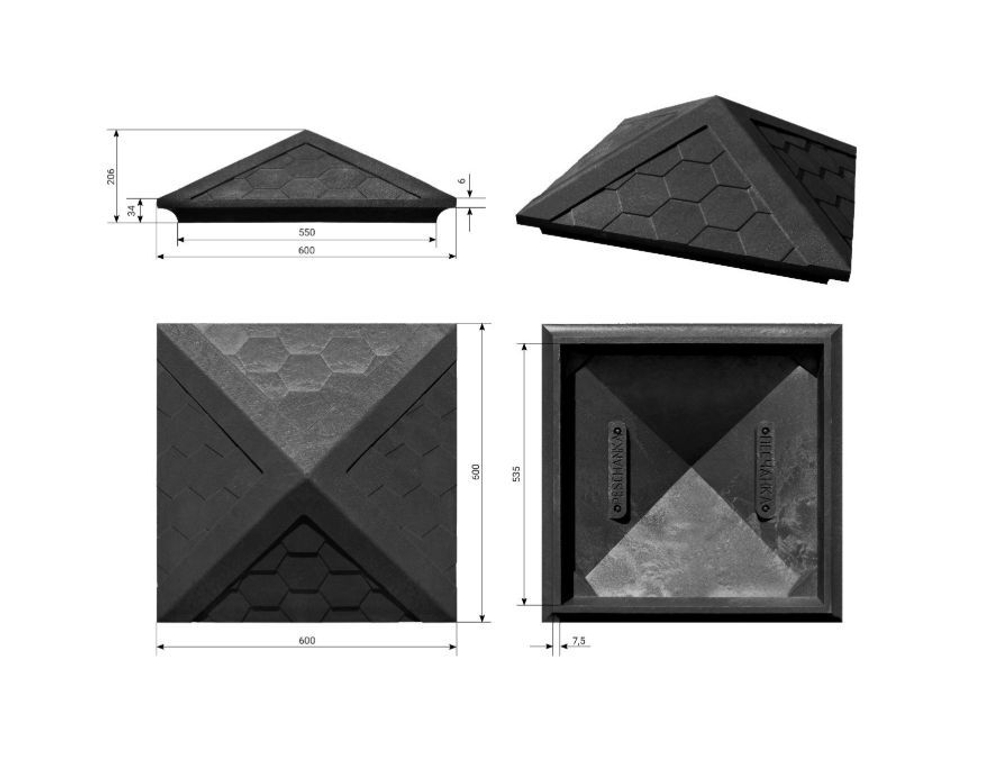 Полимерно-песчаный колпак на заборный столб, 2 × 2 кирпича, 535 × 535 × 43, «Гибкая черепица» (черный)