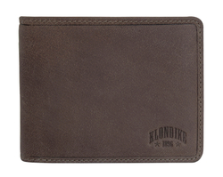 Качественный мужской бумажник тёмно-коричневый из натуральной кожи с 4 отделениями для кредитных карт, 1 боковым отделением, 2 отделениями для купюр, 1 отделением для монет KLONDIKE «John»