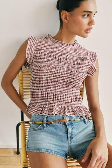 ZARA ТОП В КЛЕТКУ ВИШИ С ЭФФЕКТОМ ЖАТКИ, ЭКРЮ/ГРАНАТОВЫЙ