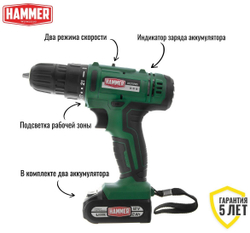 Аккум.дрель Hammer Flex ACD12BS  12В 2АКБx2Ач 10мм 0-350/0-1350об/мин 32Нм в кейсе быстр зарядка