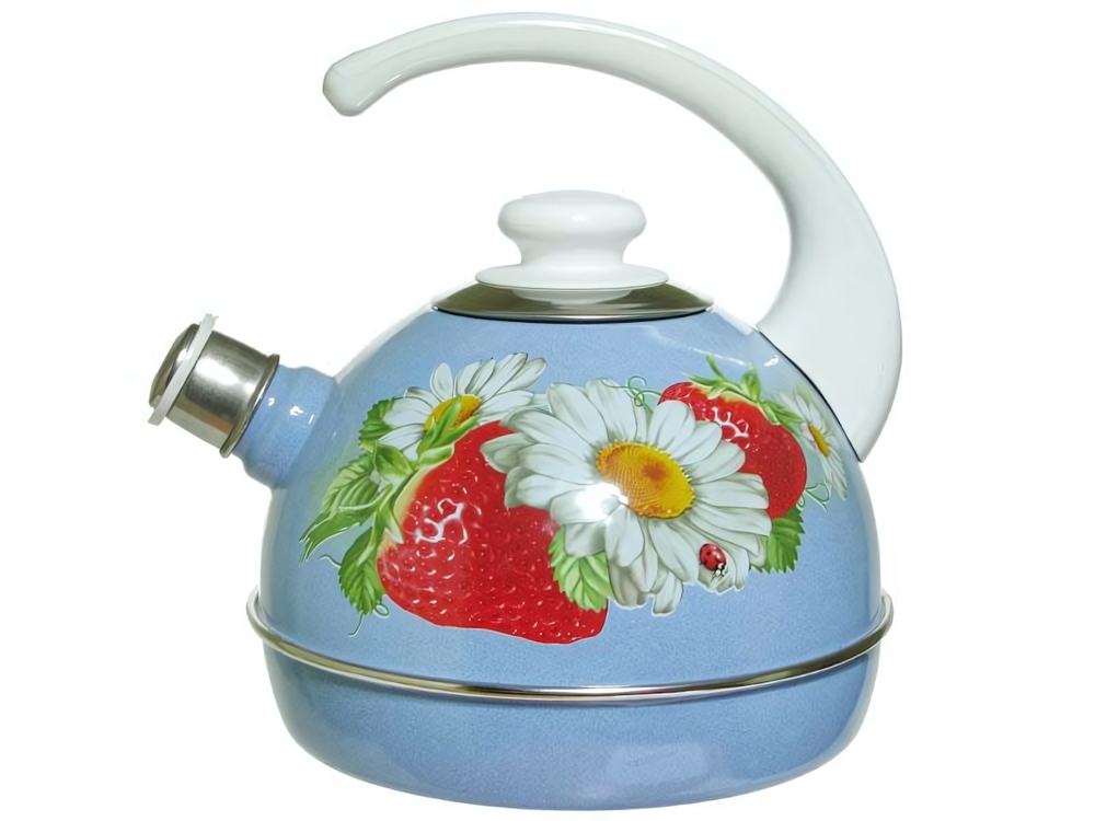 Чайник 3,5л со свистком, консольная ручка, синий туман "Клубника с ромашкой"