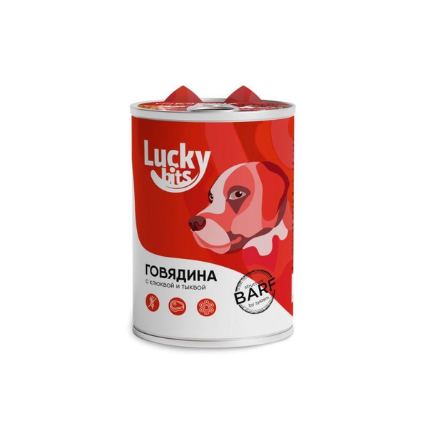 Консервы Lucky bits с говядина,клюква и тыква, для собак с 6 мес. 400г (Лаки Битс)
