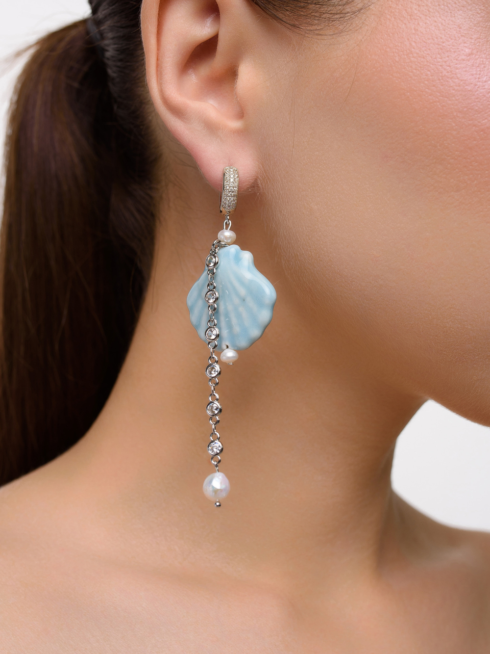 Серьги "Сeramics shell blue coral " Silver