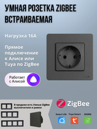 Умная евророзетка Tuya, ZigBee, управление голосом Алиса, темно-серая, до 16А и 3500Вт, память состояния