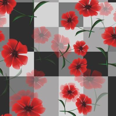 Красные маки на черно белых квадратах