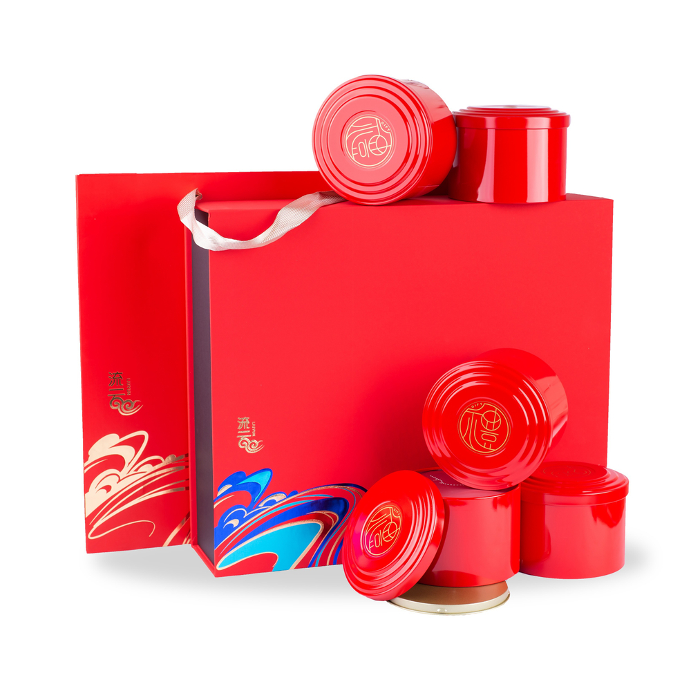 269082 Набор подарочный "Волна" сумка, коробка, 5банок, размер=36*32*10см, картон/жесть красный