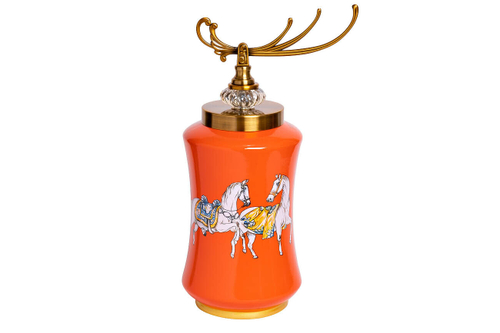 Ваза Garda Decor керамическая с крышкой оранжевая (принт "Лошади")