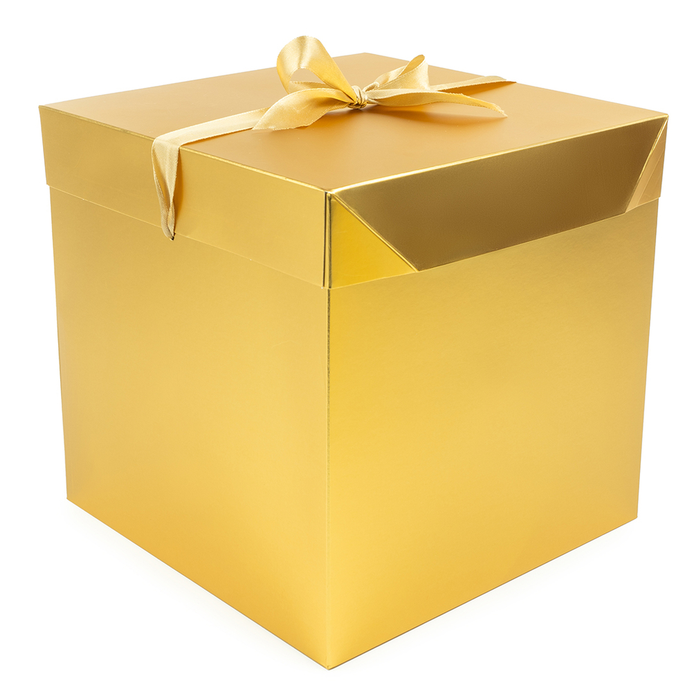 Коробка складная в золотом цвете с атласным бантом, металлик