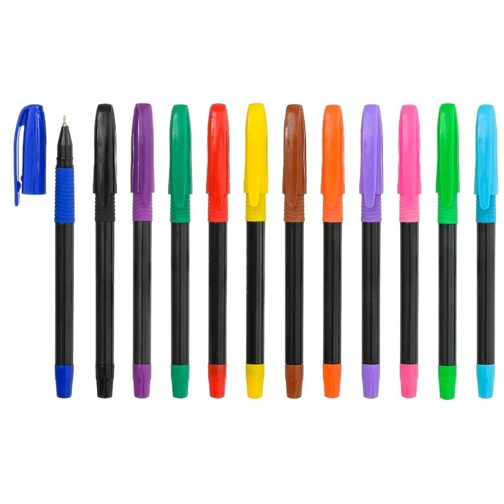 Ручка шариковая, масляная, Basir, цветные чернила, чёрный корпус, набор 12 шт