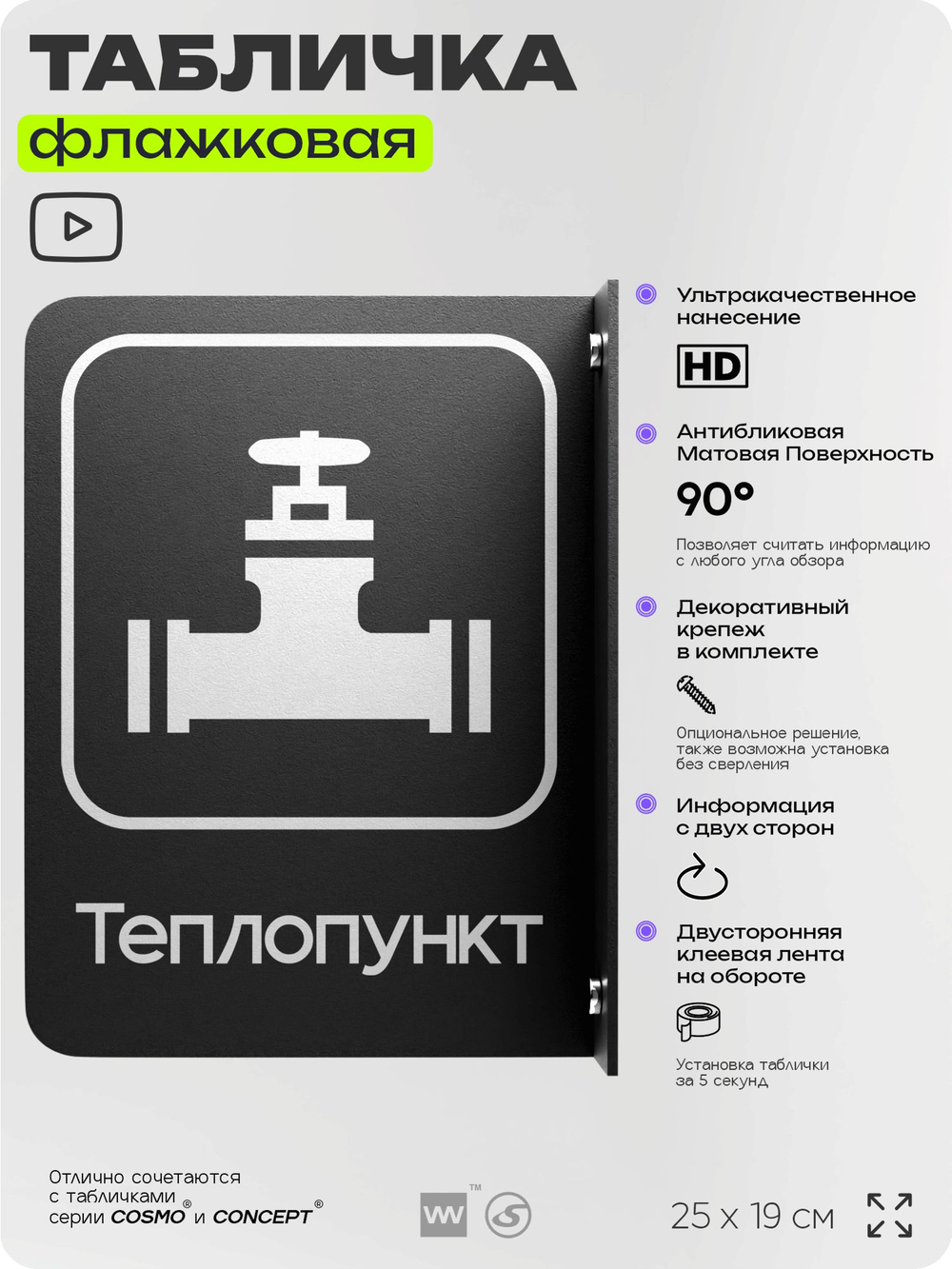 Табличка Теплопункт флажковая на стену, двусторонняя с крепежом, 19 х 25 см, для офиса, кафе, отеля, серия COSMO, Айдентика Технолоджи