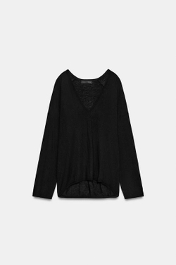 ZARA ТОНКИЙ ТРИКОТАЖНЫЙ СВИТЕР С V-ОБРАЗНЫМ ВЫРЕЗОМ, ЧЕРНЫЙ