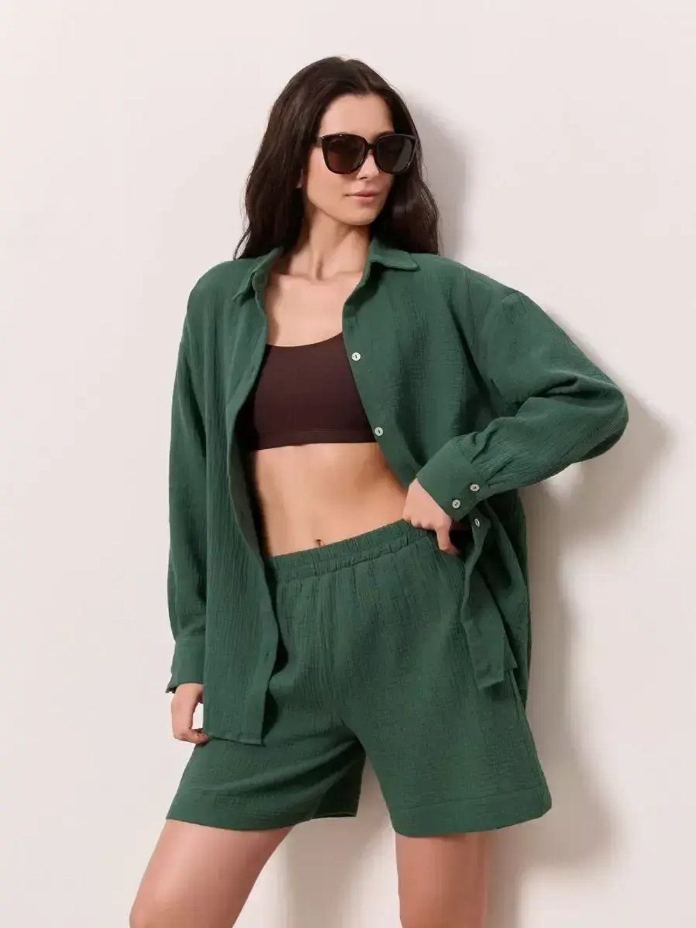 Костюм - пижама с шортами из муслина домашний оверсайз