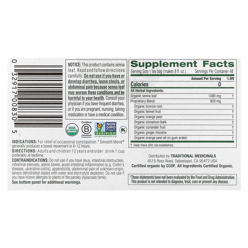 Traditional Medicinals, Organic Smooth Move®, оригинальный с сенной, без кофеина, 48 упакованных чайных пакетиков, 96 г (3,38 унции)