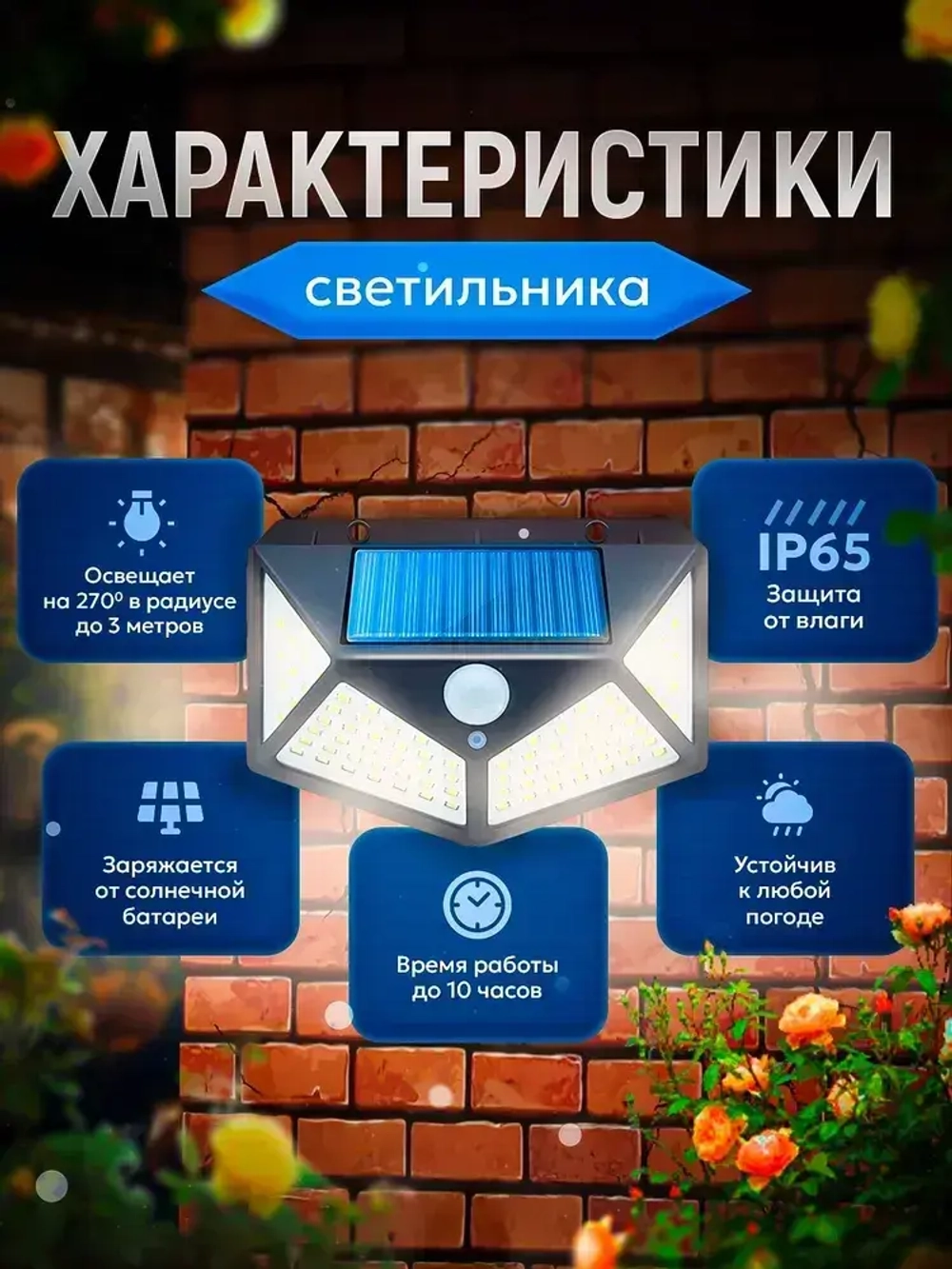 Светильник сенсорный уличный с датчиком движения настенный беспроводной для дома, дачи, 100 LED