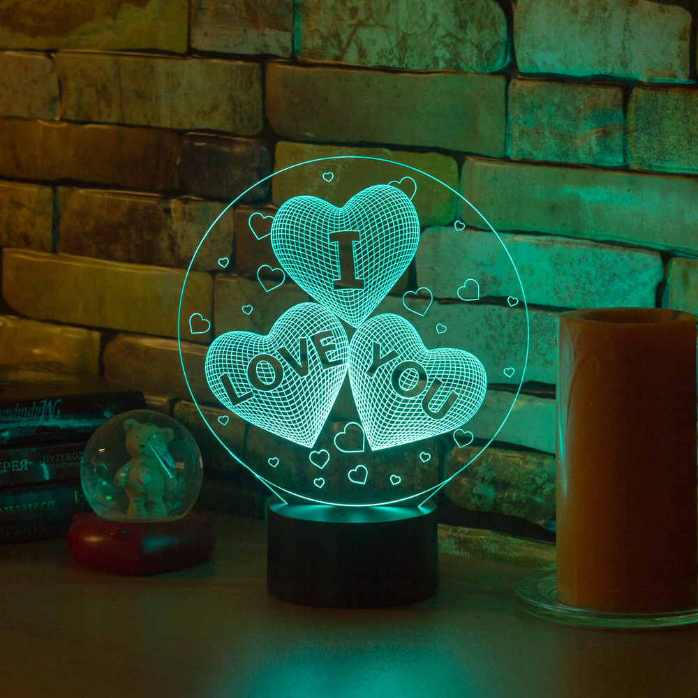 3Д-светильник "Три сердца I LOVE YOU"