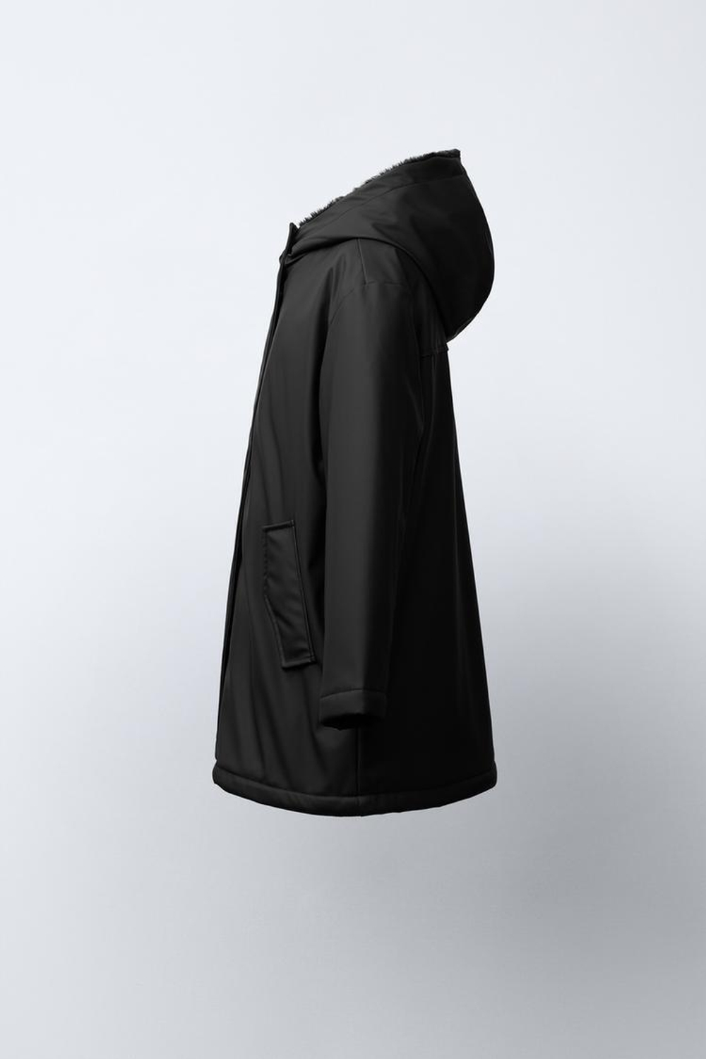 ZARA ПРОРЕЗИНЕННАЯ КУРТКА WATER REPELLENT С ЭФФЕКТОМ МЕХА, ЧЕРНЫЙ