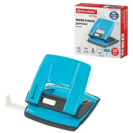 Дырокол до 20л, Brauberg, металлический, с линейкой, голубой