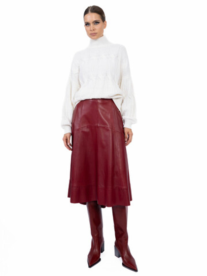 Женская кожаная миди-юбка клёш бордового цвета