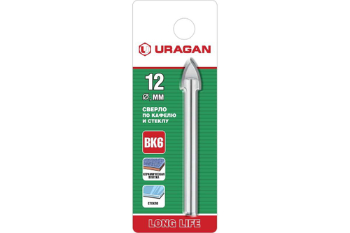 Сверло по кафелю и стеклу, с 2 реж. лезв., ц. хвост., 12 мм, URAGAN