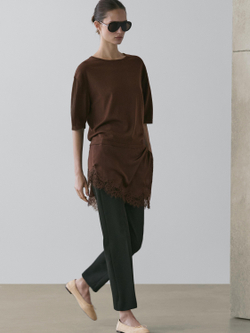 Massimo Dutti Платье с контрастной отделкой кружевом, коричневый