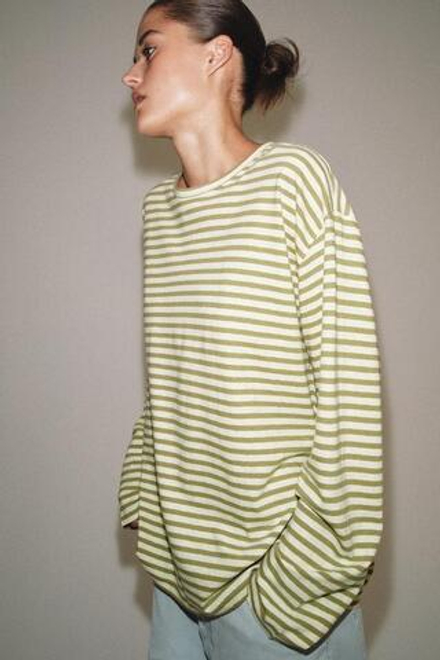 ZARA ФУТБОЛКА В ПОЛОСКУ ИЗ ХЛОПКА И ЛЬНА, БЕЖЕВЫЙ/НЕЖНО-КОРИЧНЕВЫЙ