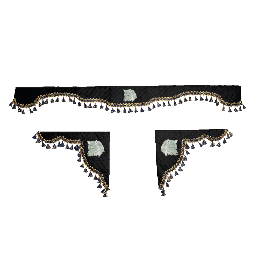 Ламбрекен с косынками универсальные стеганые Волк (экокожа, черный, синие кисточки)