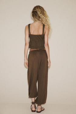 ZARA ТОП С ВОЛАНАМИ И БАНТОМ, КОРИЧНЕВЫЙ