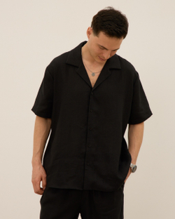 Рубашка мужская, с коротким рукавом, из 100% льна, черная