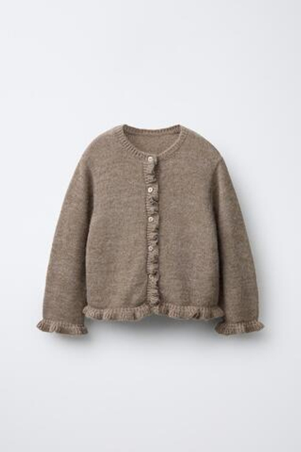 ZARA ВЯЗАНЫЙ КАРДИГАН С ВОЛАНАМИ, СВЕТЛО-БЕЖЕВЫЙ