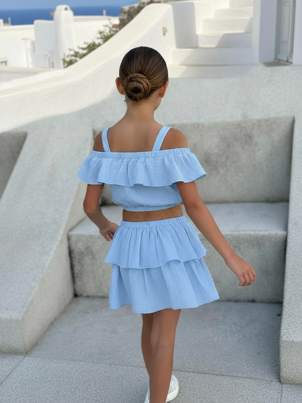 Костюм из муслина топ и юбка-шорты, голубой