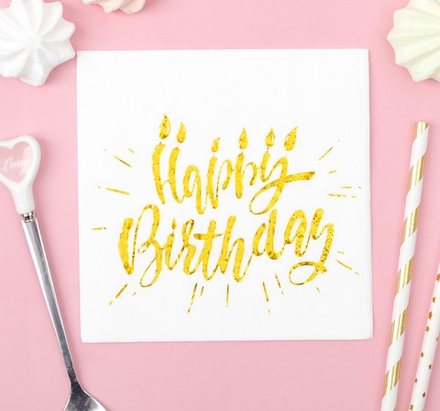 Салфетки Happy birthday, 20 шт., 25х25 см, тиснение розовое золото, на белом фоне