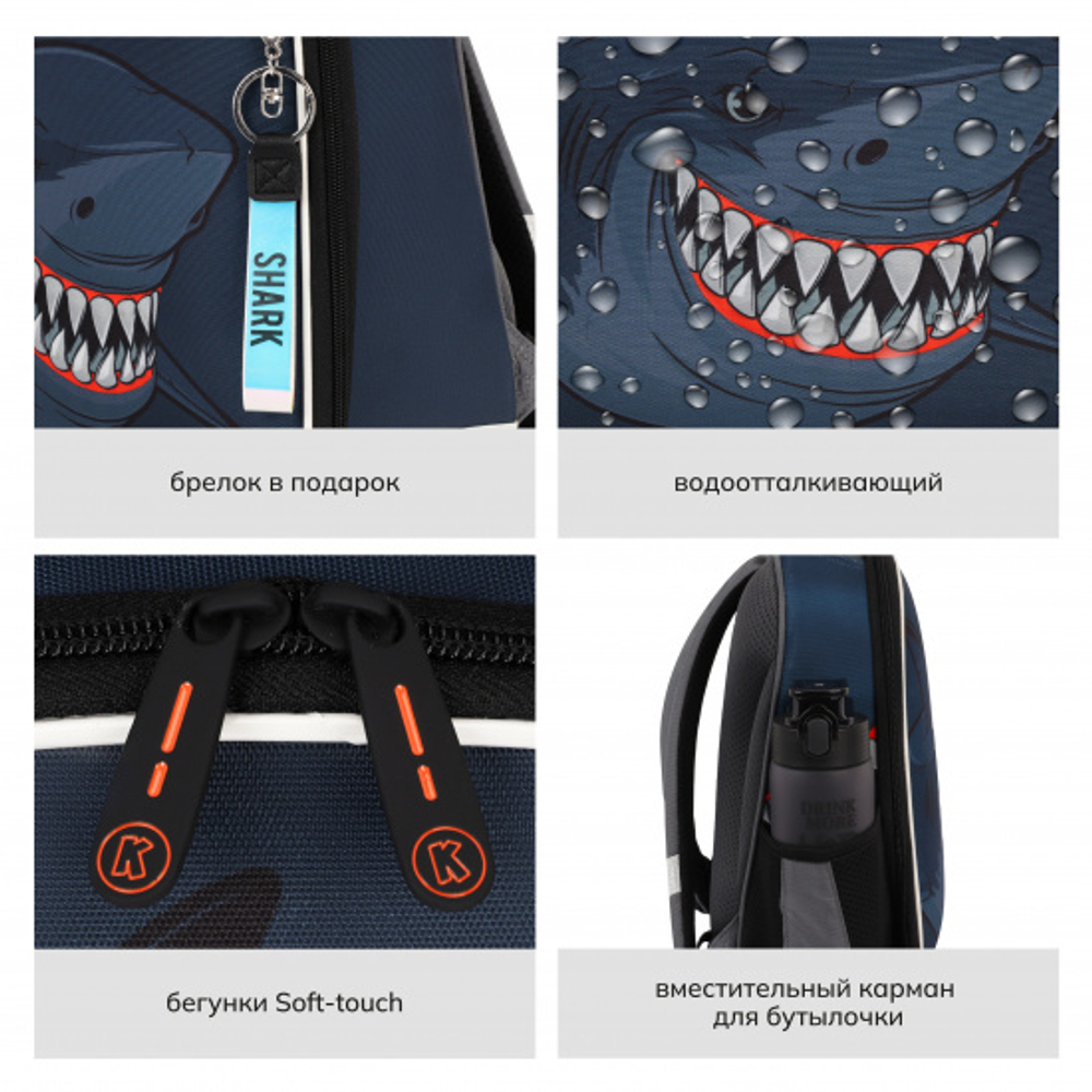 Ранец, спинка эргономичная, 1 отделение, 35*27*13 см, ERGO Light, Shark, КОКОС, 213970