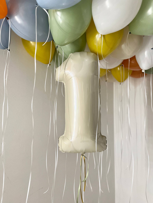 Воздушные шары на годик эвкалипт/оранжевый закат/горчичный/песок/пыльно голубой№4366