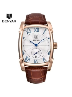 Часы наручные кварцевые BENYAR на кожаном ремешке, золотистый/коричневый W9790-02