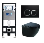 Унитаз подвесной WeltWasser AMBERG 506 + MERZBACH 043 GL-BL + AMBERG RD-BL черный глянцевый, безободковый, с крышкой микролифт, слив-торнадо, с инсталляцией и черной кнопкой