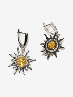 Серебряные серьги с цельным янтарем "Солнце", серебро 925 пробы