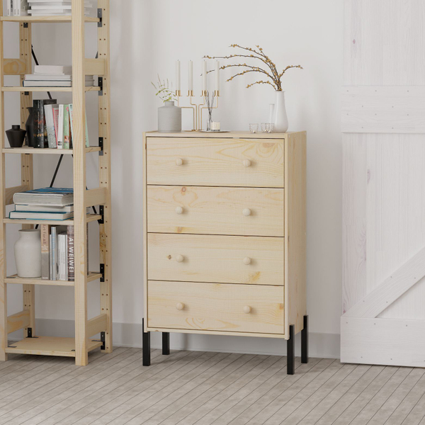 Комод деревянный 4 ящика Раст, на металлических ножках, из массива сосны в натуральной отделке