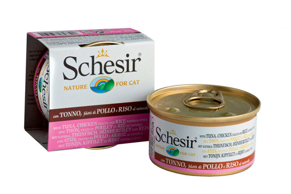 "Schesir" консервы для кошек ТУНЕЦ+КУРА+РИС 85гр x 1 шт.