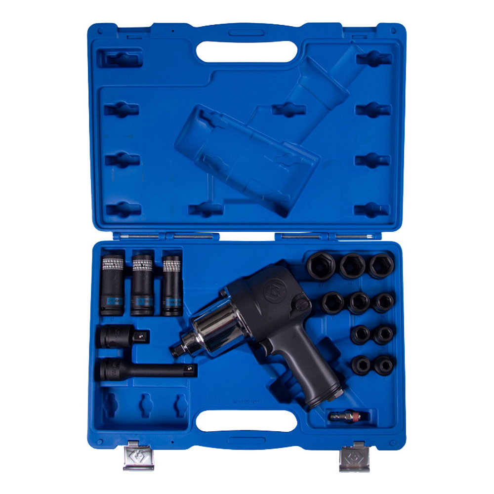 KING TONY (44106AMP01) Гайковерт пневматический ударный 1/2", 881 Нм, с комплектом головок, 17 предметов