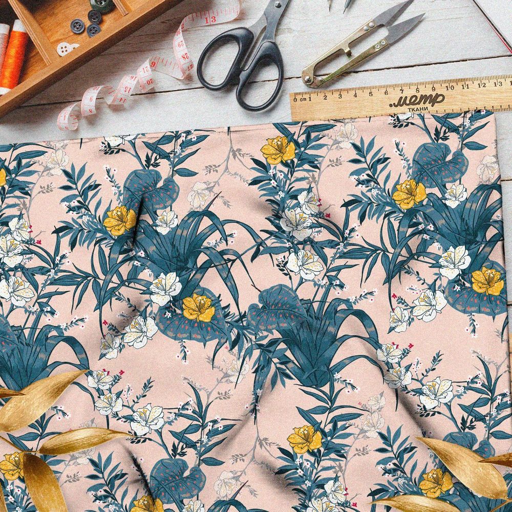 Ткань барби раскидистые листья с жёлтыми цветами