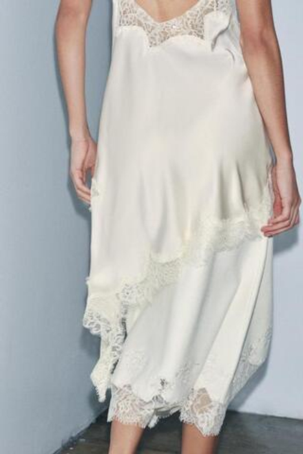 ZARA ТРИКОТАЖНАЯ ЮБКА МИДИ С БУСИНАМИ И КРУЖЕВОМ, ЭКРЮ